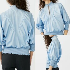 Maje Victorian Inspired High Neck Collard Smocked Puff Sleeves Women's Blouse  S